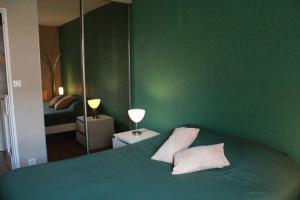 a green bedroom with a bed and a mirror at Appartement hyper centre ville Epernay - Champagne in Épernay