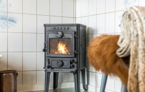 a stove in a room with a fire in it at Nice Home In Nørre Nebel With Wifi in Nørre Nebel