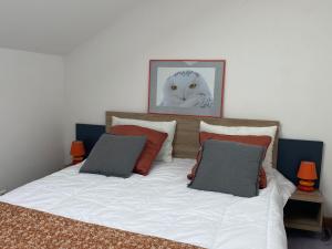 une chambre avec un lit avec une photo de chat sur le mur dans l'établissement Grand loft avec billard et Netflix, à Socourt