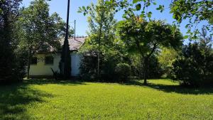 a small white house in a yard with trees at Siófok - a nice little house in the green in Siófok