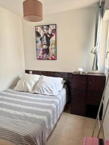 ein Schlafzimmer mit einem Bett und einem Bild an der Wand in der Unterkunft Bel appartement vue mer-montagne in Calvi