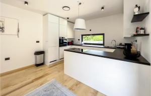 une cuisine avec des armoires blanches et un comptoir noir dans l'établissement Amazing Home In Liznjan, à Ližnjan