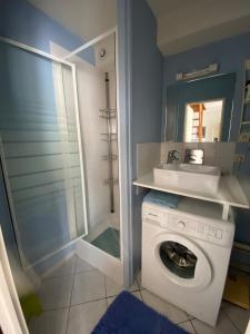 a bathroom with a washing machine and a sink at Maison Normandie 19 in Fort-Mahon-Plage