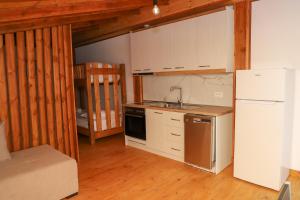 a kitchen with a white refrigerator and a sink at Guesthouse Aloe in Berat