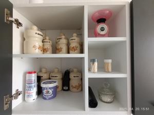 a cupboard filled with lots of bottles and containers at Apartament Flora in Văleni +23 photos