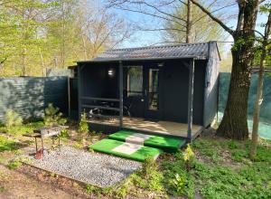 a black tiny house with a green porch at Scandinavia Camping in Kamennaya Gora