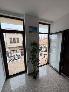 a room with two windows and a potted plant at Sand and Waves House in Constanţa