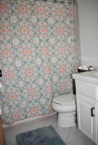 un bagno con un water e una tenda da doccia floreale di Private 3 Bedroom Cottage 5 minutes to Belleayre a Fleischmanns Altre 19 foto