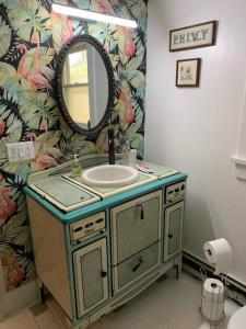 a bathroom with a sink and a mirror at Private Hot Tub - 3 bedroom Village Home in Fleischmanns