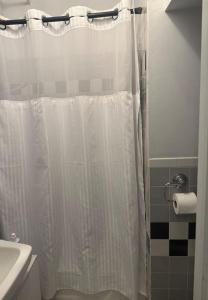 a bathroom with a shower with a white shower curtain at 528a) Luxury city condo in New York +3 photos