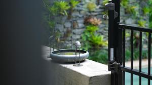 ein Vogelbad auf einer Veranda neben einem Zaun in der Unterkunft Mountain Breeze Retreat in Smithfield + 21 Fotos