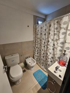 a bathroom with a toilet and a sink and a shower at Departamento Charlone temporal in Bahía Blanca