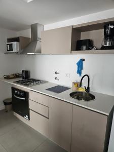 a kitchen with a sink and a stove at Departamento Charlone temporal in Bahía Blanca