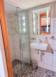 a bathroom with a sink and a shower at Vintage Apartment By Apartments Capricorn in Gsteigwiler