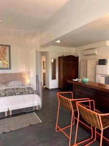 ein Schlafzimmer mit einem Bett und zwei Stühlen und einem Schreibtisch in der Unterkunft Studio confortable à Petit-Bourg avec terrasse 30 m² in Petit-Bourg