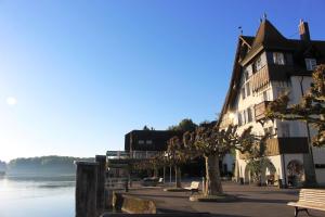 戈特利本Hotel Porto Sofie Gottlieben的一座树成荫的水体旁边的建筑
