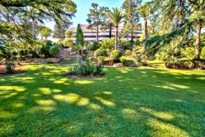 a yard with green grass with trees and palm trees at Studio Premium au Calme avec Terrasse Vue Mer et Parking in Nice