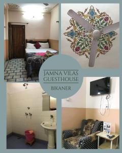 a collage of photos of a hotel room at Jamna Vilas Guest House and Restaurant in Bikaner