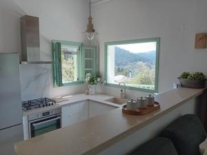 a kitchen with a counter with a sink and a window at Villa Aquilo in Megali Ammos
