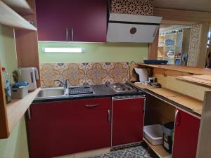 a small kitchen with red cabinets and a sink at Doppelzimmer mit Gemeinschaftsbad und kleiner Küche Nannen 382 in Alberschwende
