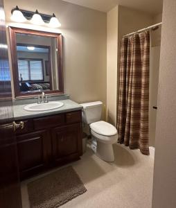 une salle de bain avec toilettes, lavabo et miroir dans l'établissement Northern Resort #17, à Minocqua