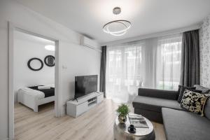 a living room with a couch and a television at Emihouse CityVibe Apartments in Rzeszów +42 photos