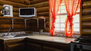 a kitchen with a sink and a television in a cabin at Cabañas Rincon del Ángel 2 in Ciénaga