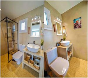 two pictures of a bathroom with a sink and a toilet at Ni&Gio Sterna 1 in Parikia +59 photos
