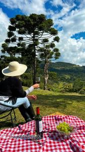 a person sitting at a picnic table with a bottle of wine at Amanhecer - Essenziale in Urubici