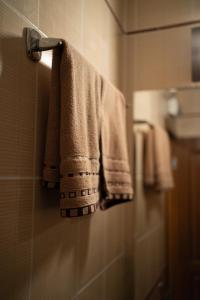 a towel hanging on a wall in a bathroom at Sunny studio in Pamporovo in Pamporovo