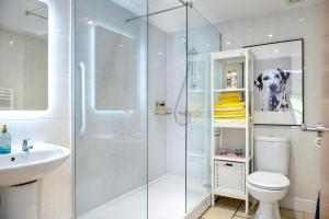 ein Badezimmer mit Dusche, Toilette und Waschbecken in der Unterkunft Waterfront Cottage - Apple Pie Luxury Escapes in Calstock + 17 Fotos