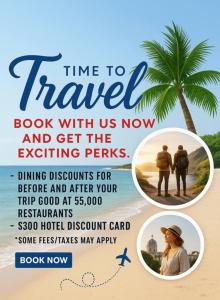 a flyer for a travel book with us now and get the exciting perks at Marriott BeachPlace Towers Luxury Guest Room in Fort Lauderdale