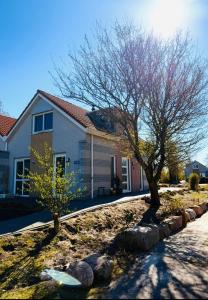 a house with a tree and rocks in front of it at Prachtige vakantievilla aan IJsselmeer Makkum in Makkum