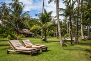 a group of lounge chairs in a yard with palm trees at Koyao Island Resort in Ko Yao Noi