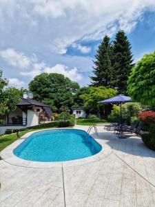 a swimming pool with a table and an umbrella at Riverside Pool Villa in Novi Sad
