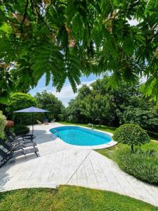 a swimming pool with two chairs and an umbrella at Riverside Pool Villa in Novi Sad
