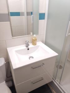 een badkamer met een witte wastafel en een spiegel bij Studio Paris 11 Bien situé et fonctionnel in Parijs