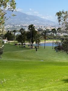 un parc avec de l'herbe et des arbres verdoyants et une masse d'eau dans l'établissement Brisas playa y Golf, à Malaga