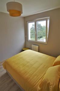 a bedroom with a large yellow bed with a window at le galet Bleu in Criel-sur-Mer