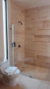 a bathroom with a shower with a toilet at Studio in La Veleta with private rooftop in Tulum