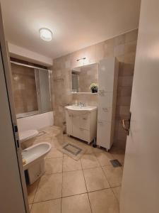 a bathroom with a sink and a toilet at Quiet, Family-Friendly House with Garden & Parking in Skopje