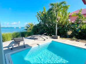 a swimming pool with a chair next to the ocean at Villa Les Agaves front de mer in Le François