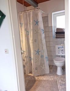 a bathroom with a shower curtain with a toilet at Ferienhof Bisdorf "Lunauhaus" Reihenhaus in Bisdorf