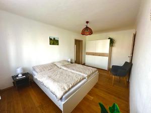 una camera da letto con un letto e una sedia di Apartmán Dolní Němčice a Dačice