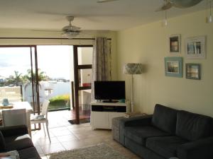 a living room with a couch and a television at 11 Arrowood in Plettenberg Bay
