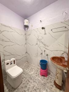 a bathroom with a toilet and a sink at Hotel Shree Radhe Krishna in Ujjain