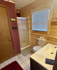 a bathroom with a toilet and a shower and a sink at Mystical Haven Honeymoon Cabin in Sevierville +12 photos