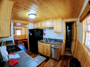 a kitchen with wooden cabinets and a black refrigerator at Reunion Lodge in Grand Lake