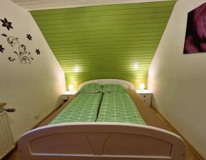 a bedroom with a green ceiling with a bed in it at Sonnenschein 2R in Friedrichshafen