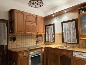 a kitchen with wooden cabinets and a sink at Villa Viviana in Milina